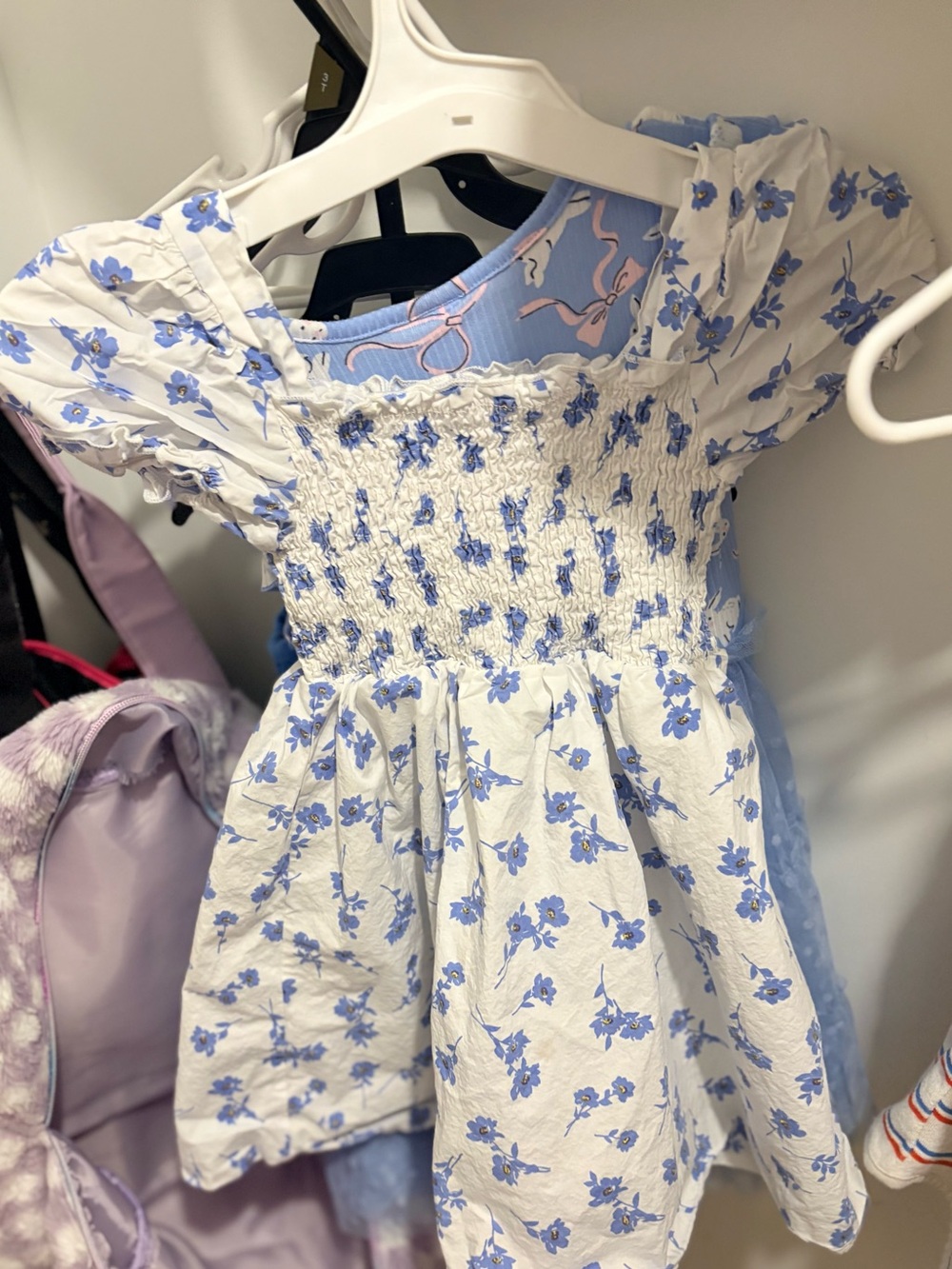Girls White & Light Blue Floral Smocked Sundress - Kids Dress